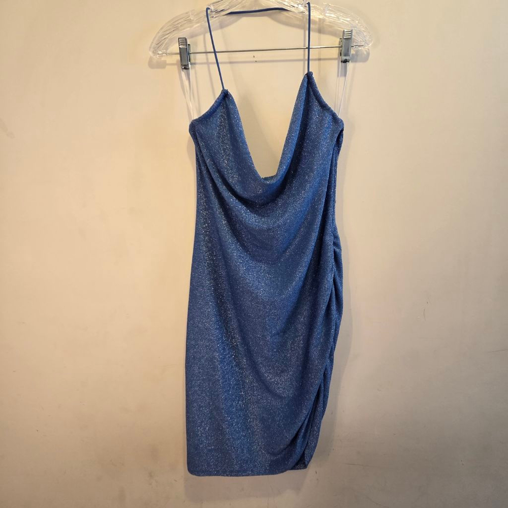 Women's Blue Shimmer Cowl Neck Mini Dress Small Festival Club Party Sparkly